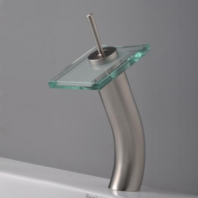 nickel brossé robinet d'évier cascade salle de bain avec bec verseur en verre