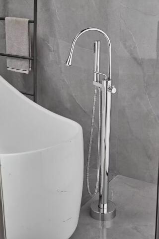 Chrome Monture au sol autonome avec douche à main robinet de baignoire en laiton à poignée unique BRC0577