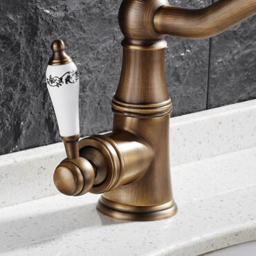 Robinet de Bassin en Laiton Antique Poignée en Céramique Mélangeur Robinetterie Vasque T0145A