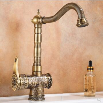 Antiquités Laiton Classique Sculpté Rotatif Mélangeur Robinet de Salle de Bain T0298A