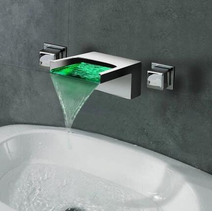 Répandue Wall Mount Cascade 3 couleurs LED de bain robinetterie de l'évier T1245