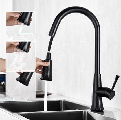Laiton Noir Trois Modes de Sortie Mélangeur Robinet de Cuisine Rétractable TP0278B